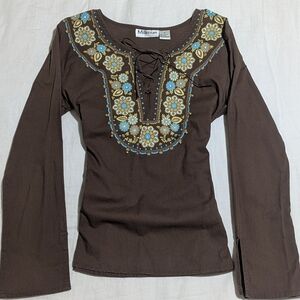 Brown Lace Front Blouse with Blue and Gold Floral Accents